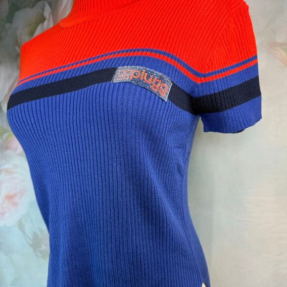 Vintage 90s Y2K Plugg Red & Blue Striped Ribbed Mock Neck Shirt - Picture 2 of 5